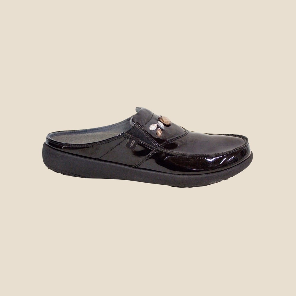 REVITALIGN Siesta Snazzy Black Patent Leather Crystal Embellished Mules Size 9